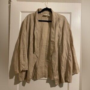 Chicos Beige 100% Linen Draped Neckline Jacket with Ruched Quarter Sleeves